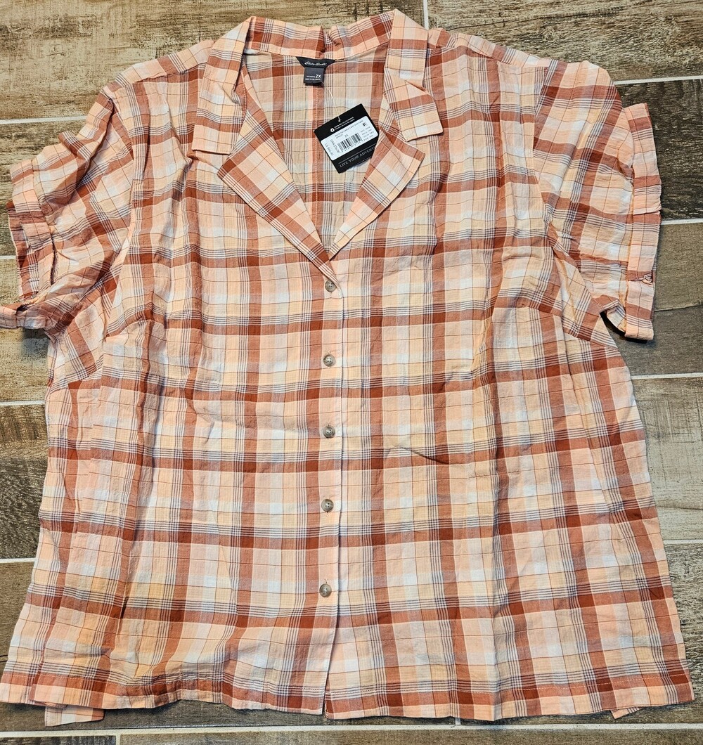 NWT Eddie Bauer Women's Plus Size 2X Packable Camp Shirt Apricot Plaid Cotton